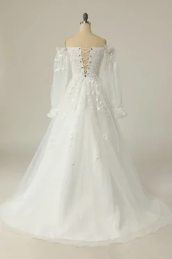 Luxurious A Line Off the Shoulder White Wedding Dress with Appliques