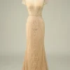 Luxurious Mermaid Jewel Neck Champagne Prom Dress with Beading