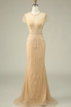 Luxurious Mermaid Jewel Neck Champagne Prom Dress with Beading
