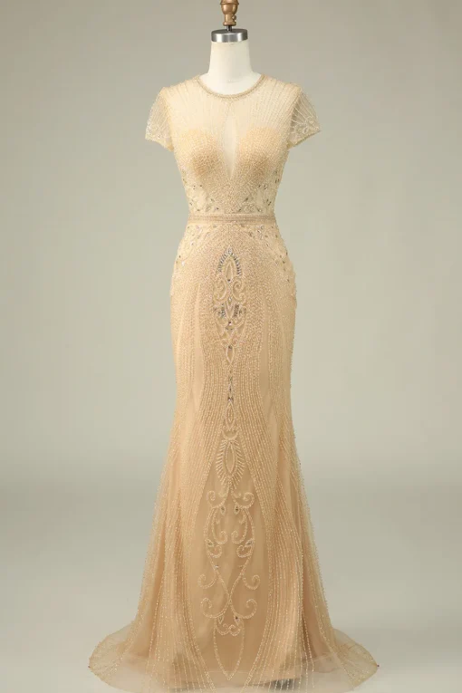 Luxurious Mermaid Jewel Neck Champagne Prom Dress with Beading