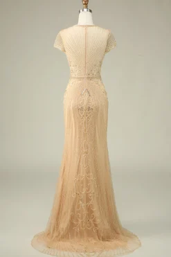 Luxurious Mermaid Jewel Neck Champagne Prom Dress with Beading
