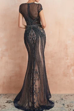 Luxurious Mermaid Jewel Neck Champagne Prom Dress with Beading
