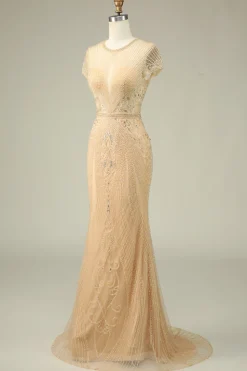 Luxurious Mermaid Jewel Neck Champagne Prom Dress with Beading