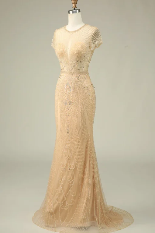 Luxurious Mermaid Jewel Neck Champagne Prom Dress with Beading