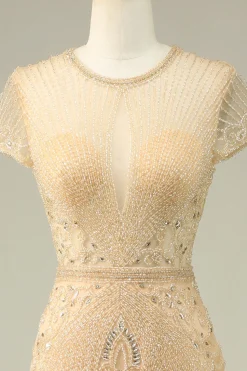 Luxurious Mermaid Jewel Neck Champagne Prom Dress with Beading
