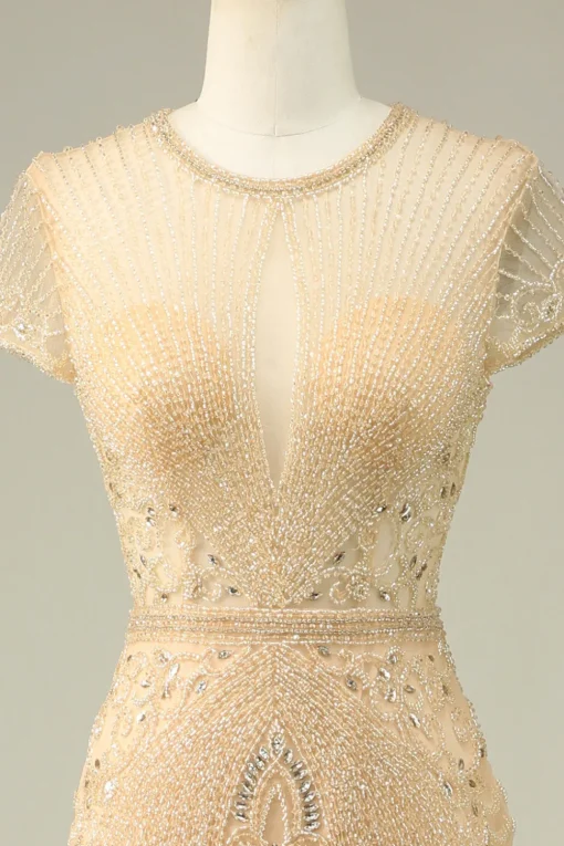 Luxurious Mermaid Jewel Neck Champagne Prom Dress with Beading