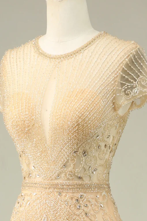 Luxurious Mermaid Jewel Neck Champagne Prom Dress with Beading