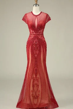 Luxurious Mermaid Jewel Neck Champagne Prom Dress with Beading