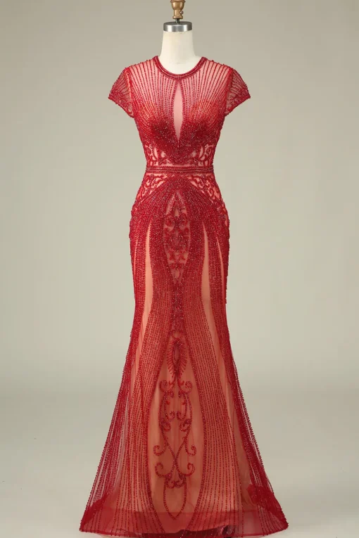 Luxurious Mermaid Jewel Neck Champagne Prom Dress with Beading