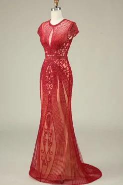 Luxurious Mermaid Jewel Neck Champagne Prom Dress with Beading