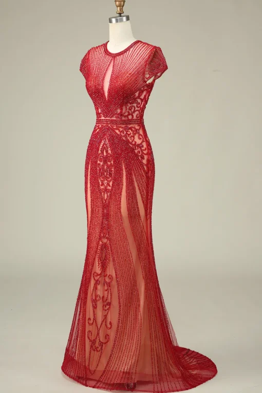 Luxurious Mermaid Jewel Neck Champagne Prom Dress with Beading