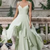 Matcha A Line Spaghetti Straps Long Bridesmaid Dress with Ruffles