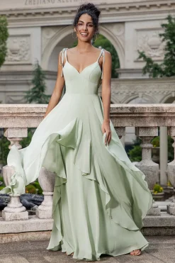 Matcha A Line Spaghetti Straps Long Bridesmaid Dress with Ruffles