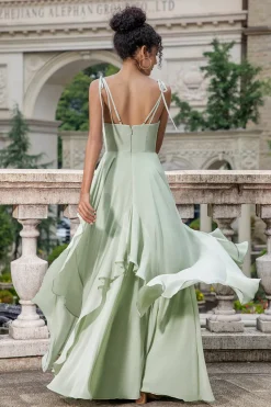 Matcha A Line Spaghetti Straps Long Bridesmaid Dress with Ruffles