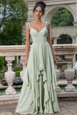 Matcha A Line Spaghetti Straps Long Bridesmaid Dress with Ruffles