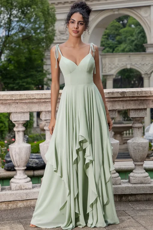 Matcha A Line Spaghetti Straps Long Bridesmaid Dress with Ruffles