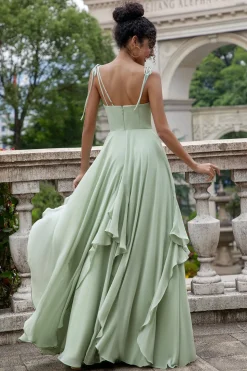 Matcha A Line Spaghetti Straps Long Bridesmaid Dress with Ruffles