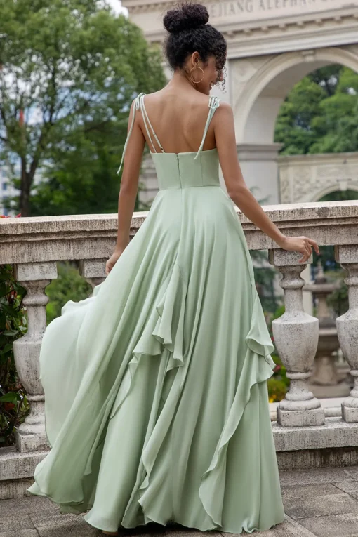 Matcha A Line Spaghetti Straps Long Bridesmaid Dress with Ruffles