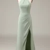 Matcha Halter Neck Sheath Pleated Bridesmaid Dress with Slit