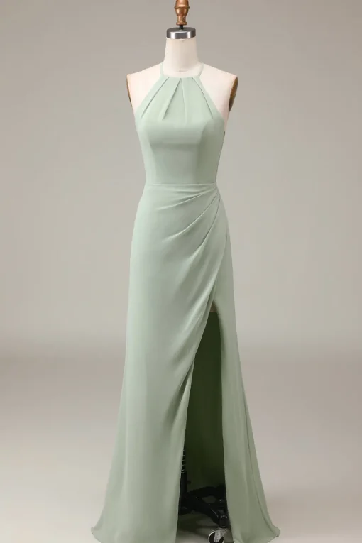 Matcha Halter Neck Sheath Pleated Bridesmaid Dress with Slit