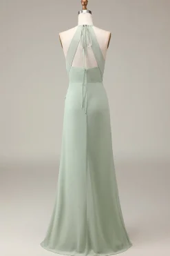 Matcha Halter Neck Sheath Pleated Bridesmaid Dress with Slit