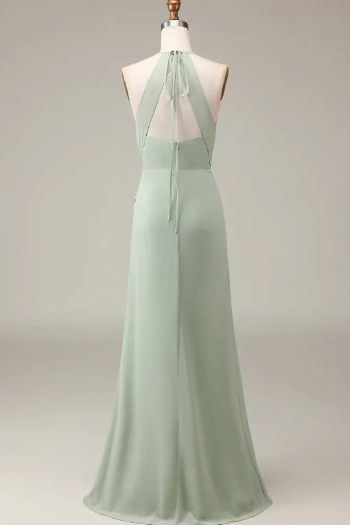 Matcha Halter Neck Sheath Pleated Bridesmaid Dress with Slit