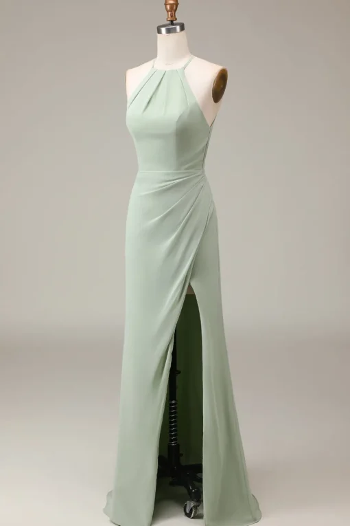 Matcha Halter Neck Sheath Pleated Bridesmaid Dress with Slit
