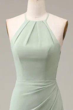 Matcha Halter Neck Sheath Pleated Bridesmaid Dress with Slit