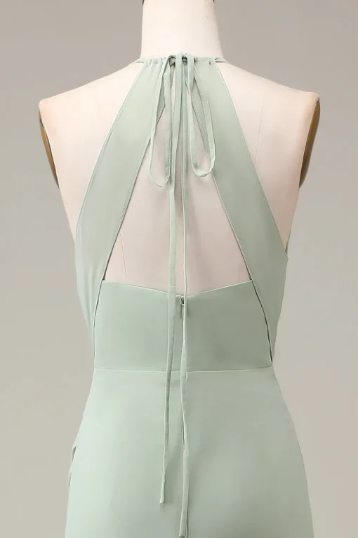 Matcha Halter Neck Sheath Pleated Bridesmaid Dress with Slit