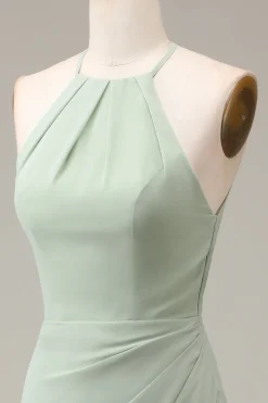 Matcha Halter Neck Sheath Pleated Bridesmaid Dress with Slit