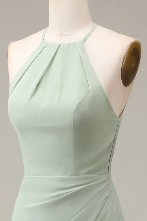 Matcha Halter Neck Sheath Pleated Bridesmaid Dress with Slit