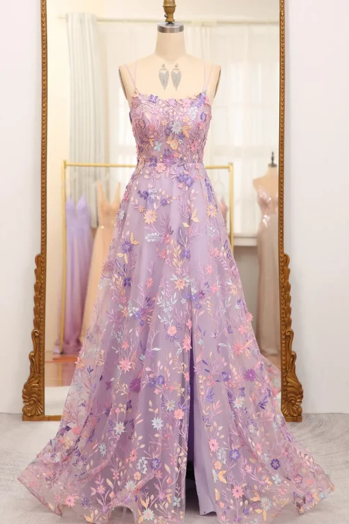 Mauve A-Line Spaghetti Straps Prom Dress with Appliques