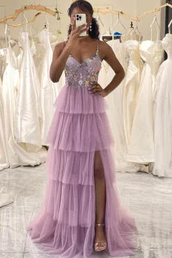 Mauve A-Line Spaghetti Straps Tulle Corset Prom Dress with Slit