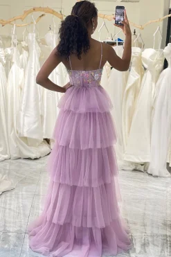 Mauve A-Line Spaghetti Straps Tulle Corset Prom Dress with Slit