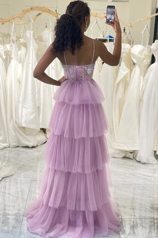Mauve A-Line Spaghetti Straps Tulle Corset Prom Dress with Slit