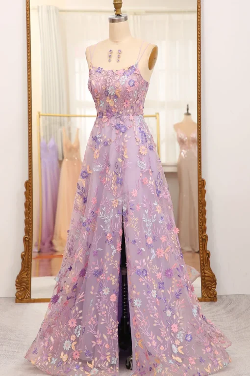 Mauve A-Line Spaghetti Straps Prom Dress with Appliques