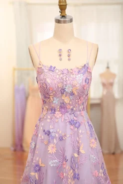 Mauve A-Line Spaghetti Straps Prom Dress with Appliques