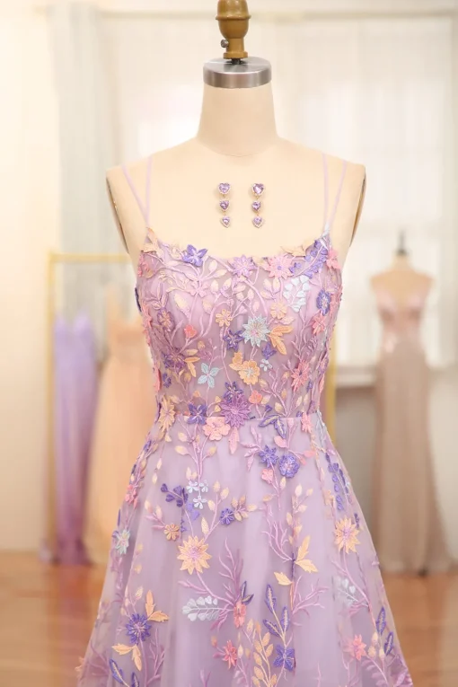 Mauve A-Line Spaghetti Straps Prom Dress with Appliques