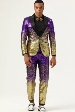 Men's 2 Piece Ombre Sequins Purple Slim Fit Notched Lapel Prom Suits