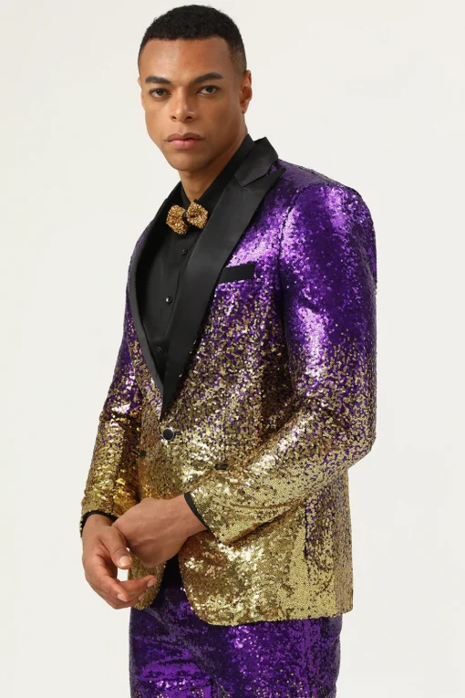 Men's 2 Piece Ombre Sequins Purple Slim Fit Notched Lapel Prom Suits