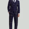 Men's 3 Piece One Button Navy Plaid Tuxedo