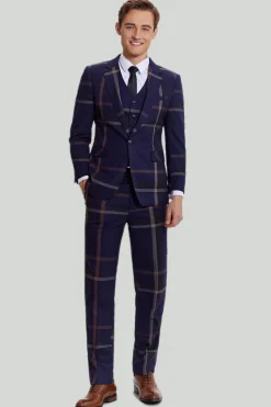 Men's 3 Piece One Button Navy Plaid Tuxedo