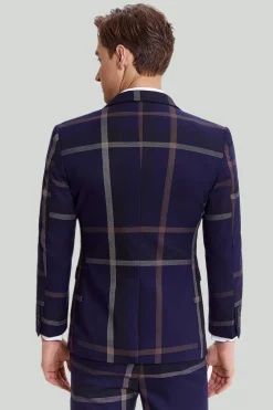 Men's 3 Piece One Button Navy Plaid Tuxedo
