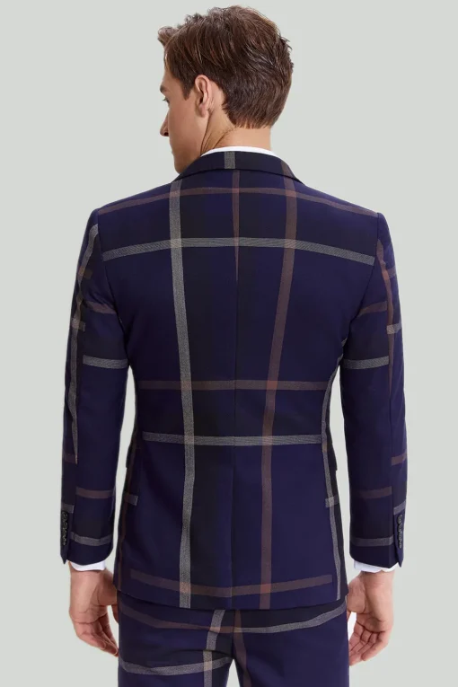 Men's 3 Piece One Button Navy Plaid Tuxedo