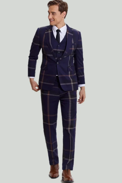 Men's 3 Piece One Button Navy Plaid Tuxedo