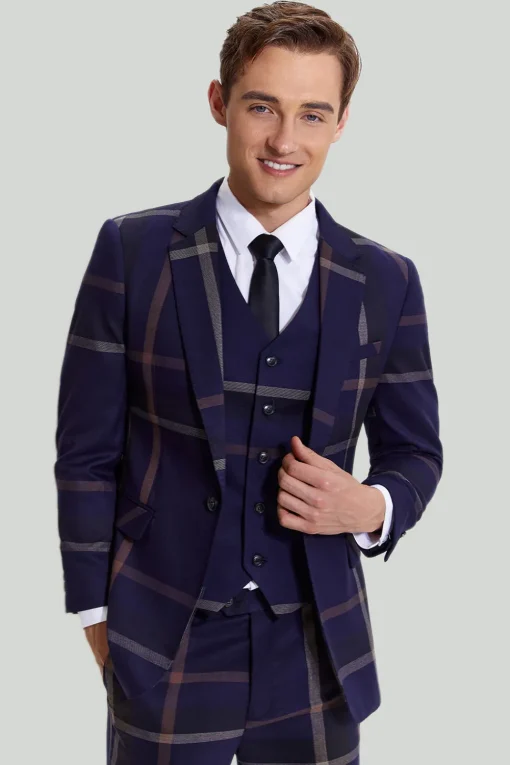 Men's 3 Piece One Button Navy Plaid Tuxedo