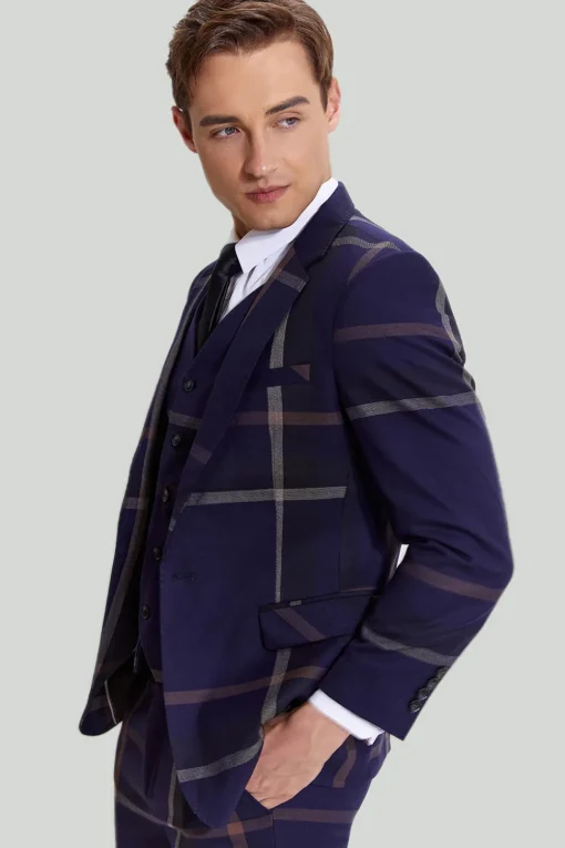 Men's 3 Piece One Button Navy Plaid Tuxedo