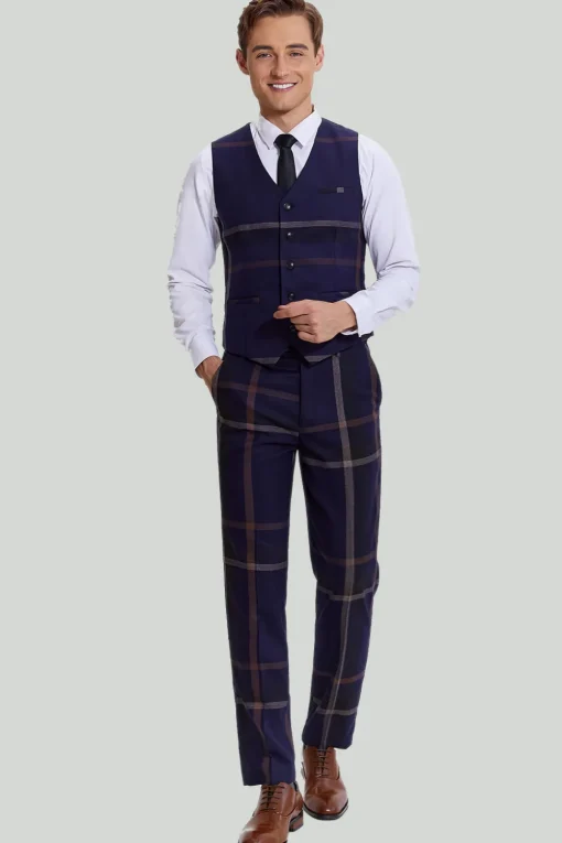 Men's 3 Piece One Button Navy Plaid Tuxedo