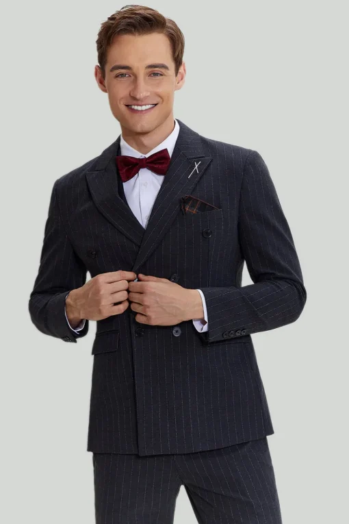 Men's 3 Piece Pinstripe Dark Grey Suit