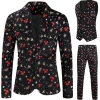 Men's Black Christmas Printed 3-Piece One Button Party Suits